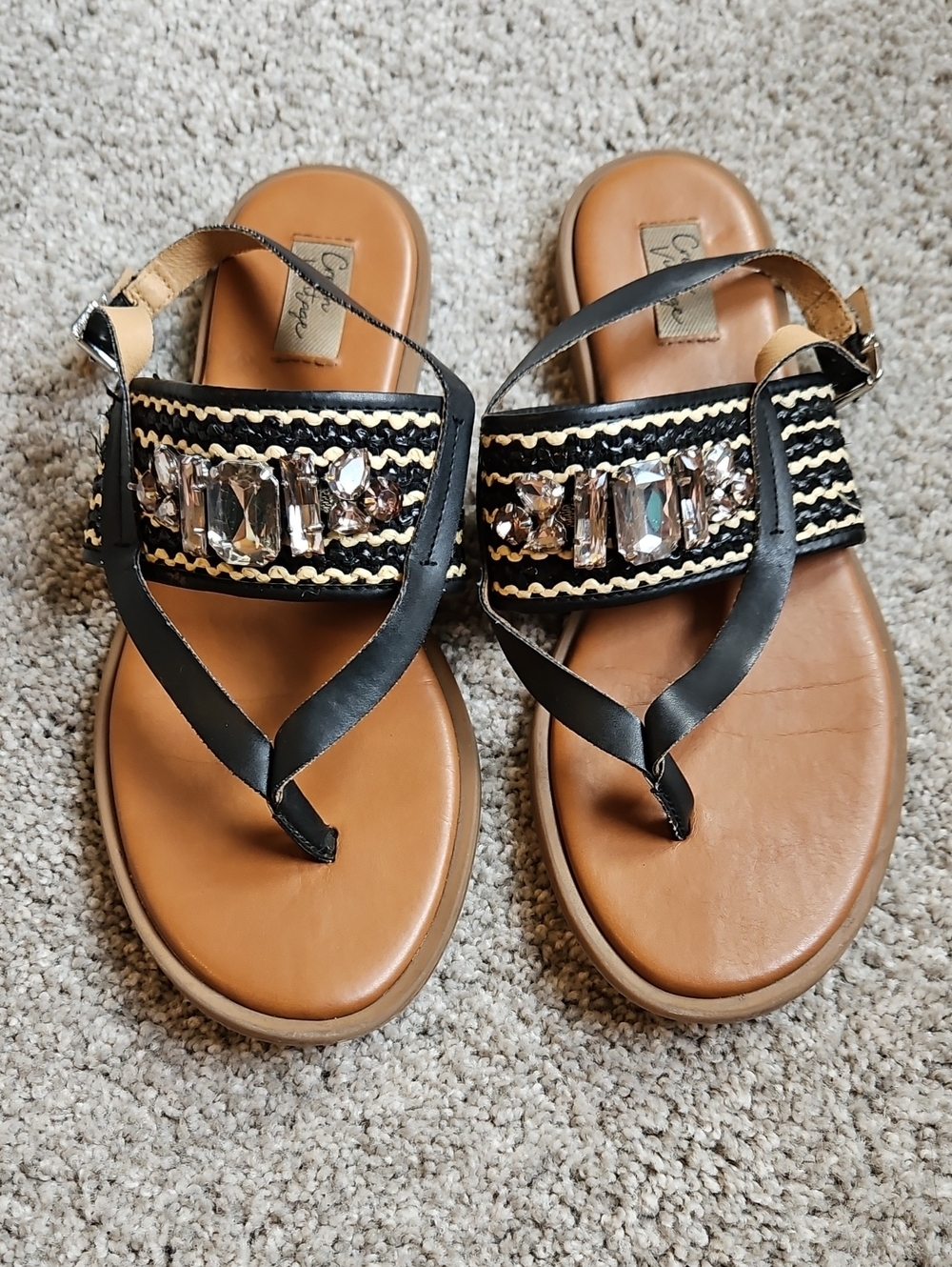 Crown Vintage Black and Tan Jeweled Thong Sandals